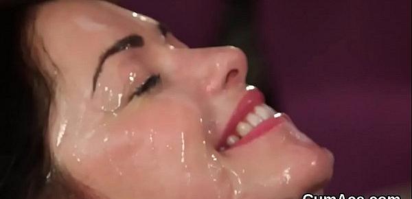  Horny looker gets jizz load on her face gulping all the sperm